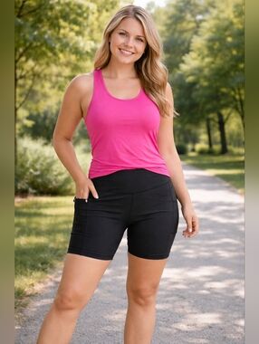 Women’s Black High Waisted Biker Shorts L/XL Stretch Athletic Pocket Shorts